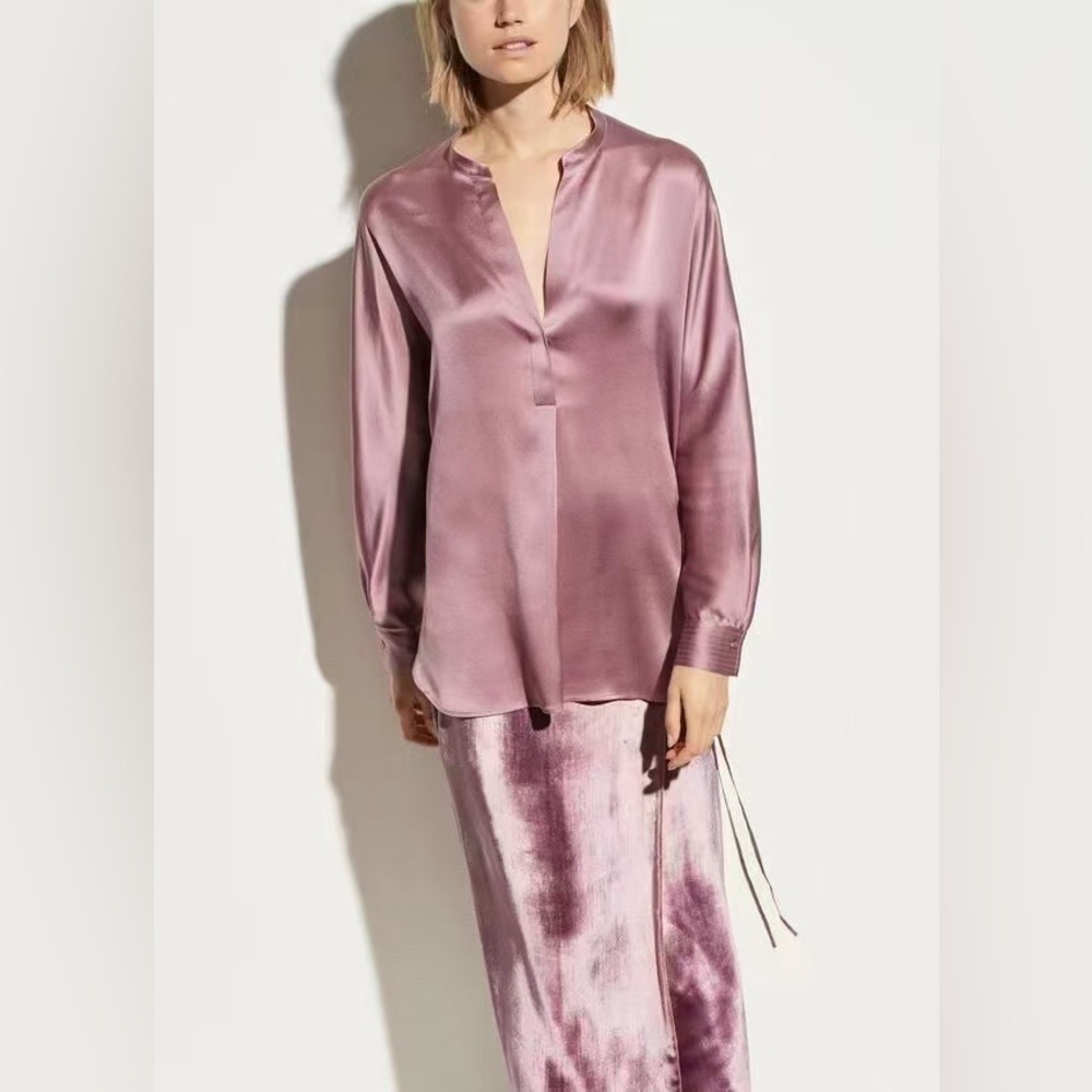 NWT Vince Relaxed-fit Long-sleeved Blouse In Pink & Purple